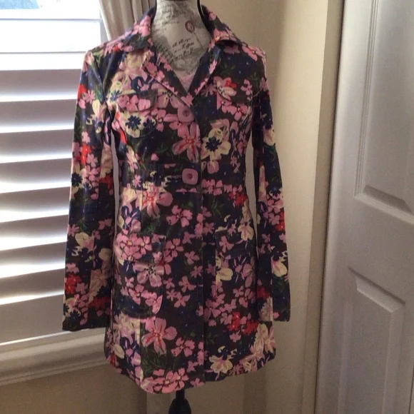 Tara Jarmon for Target Floral Trench Jacket (S) Pink Navy Cotton Statement Coat - Picture 13 of 15
